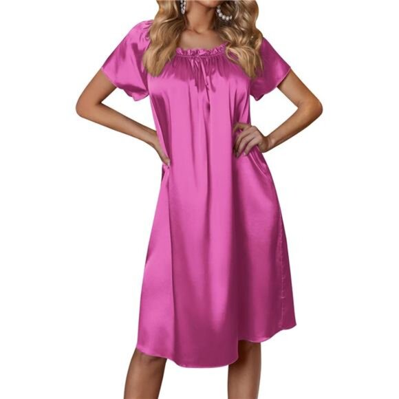 Women's Satin Pleated Nightgown Sleep Dress Rose Pink - Picture 1 of 5